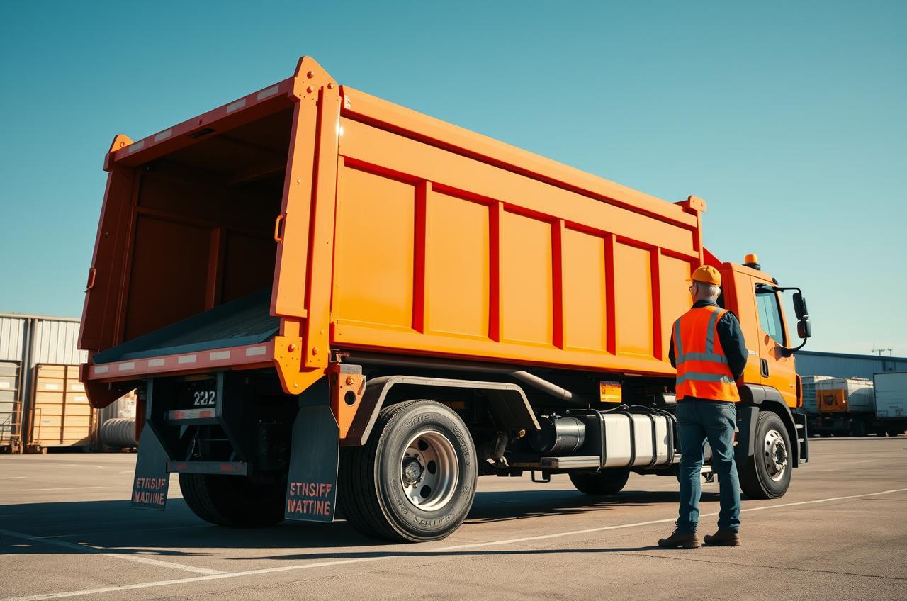 Orange roll-off dumpster truck at a waste transfer yard